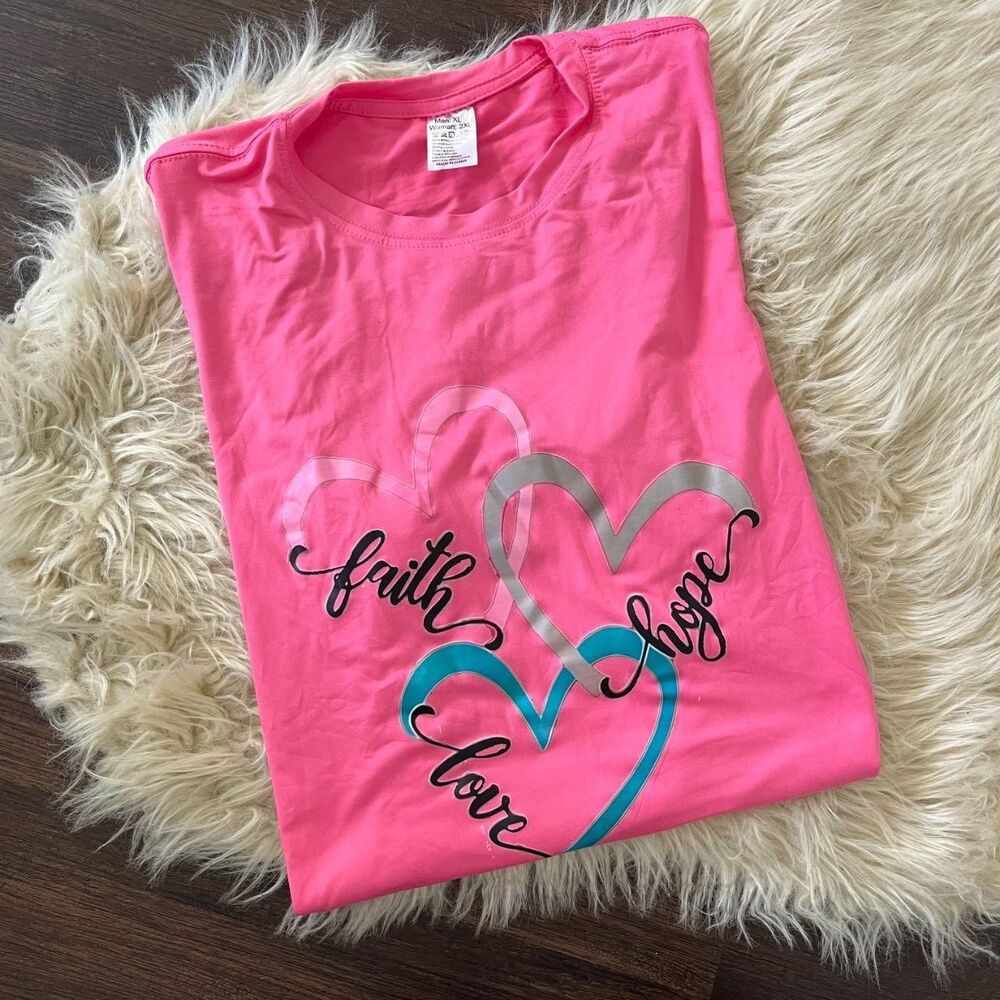 NWOT Pink Faith Love Hope Graphic Tee T-shirt Size Men XL / Womens 2XL